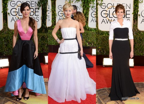 Imagens: E Online Sandra Bullock, vestindo Prabal Gurung Jennifer Lawrence, vestindo Dior Julia Roberts, vestindo Dolce & Gabbana