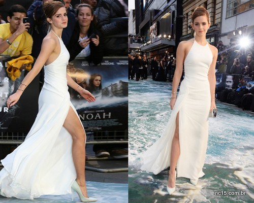 Emma e seu vestido branco, de frente e de lado 