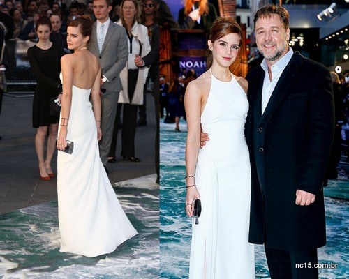 Emma e seu vestido branco... De costas e com o colega de elenco Russell Crowe