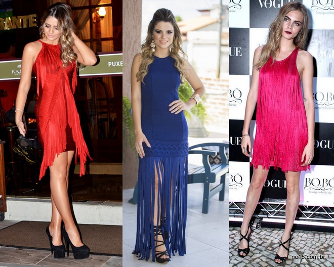 Thássia Naves, Rafinha gadelha e a modelo Cara Delevingne para Bo.Bô, todas de vestido de franjas