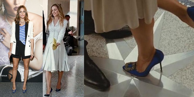 Olivia usou scarpin azul Manolo Blahnik, o mesmo usado por Carrie Bradshaw, personagem de Sarah Jessica Parker, em seu casamento no filme Sex and the City