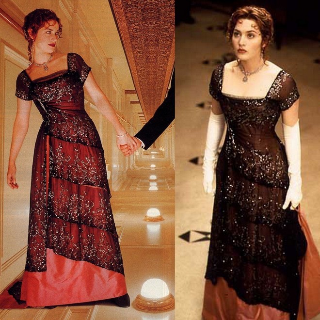 Kate Winslet, a Rose do filme Titanic, e seu vestido vermelho bordado para o jantar no navio. 